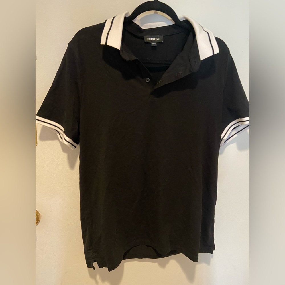 Express Black/White Stripe Collar Polo Shirt